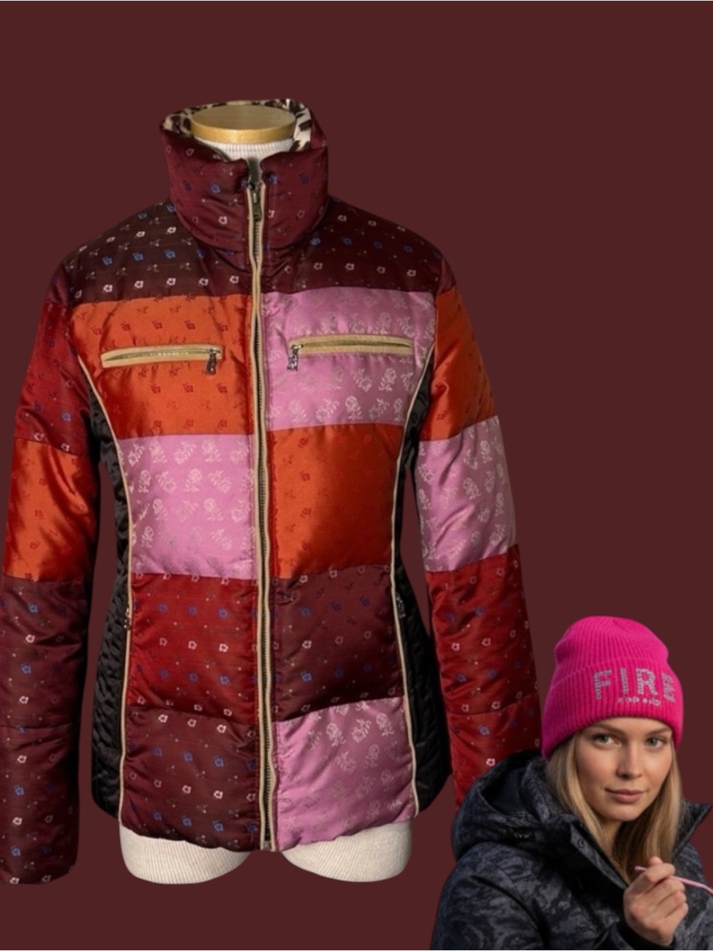 Bogner Patchwork Quilted Ski Jacket in Burgundy, Red and Pink Joan Thylman 34